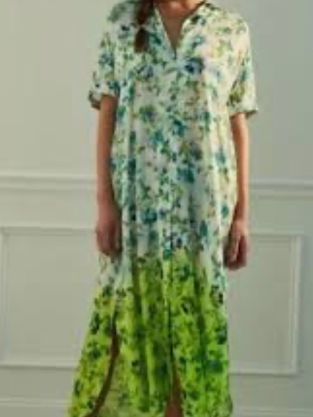 ANTHROPOLOGIE Maxi Tunic Dress Button down Coverup Floral Blue Green Size M